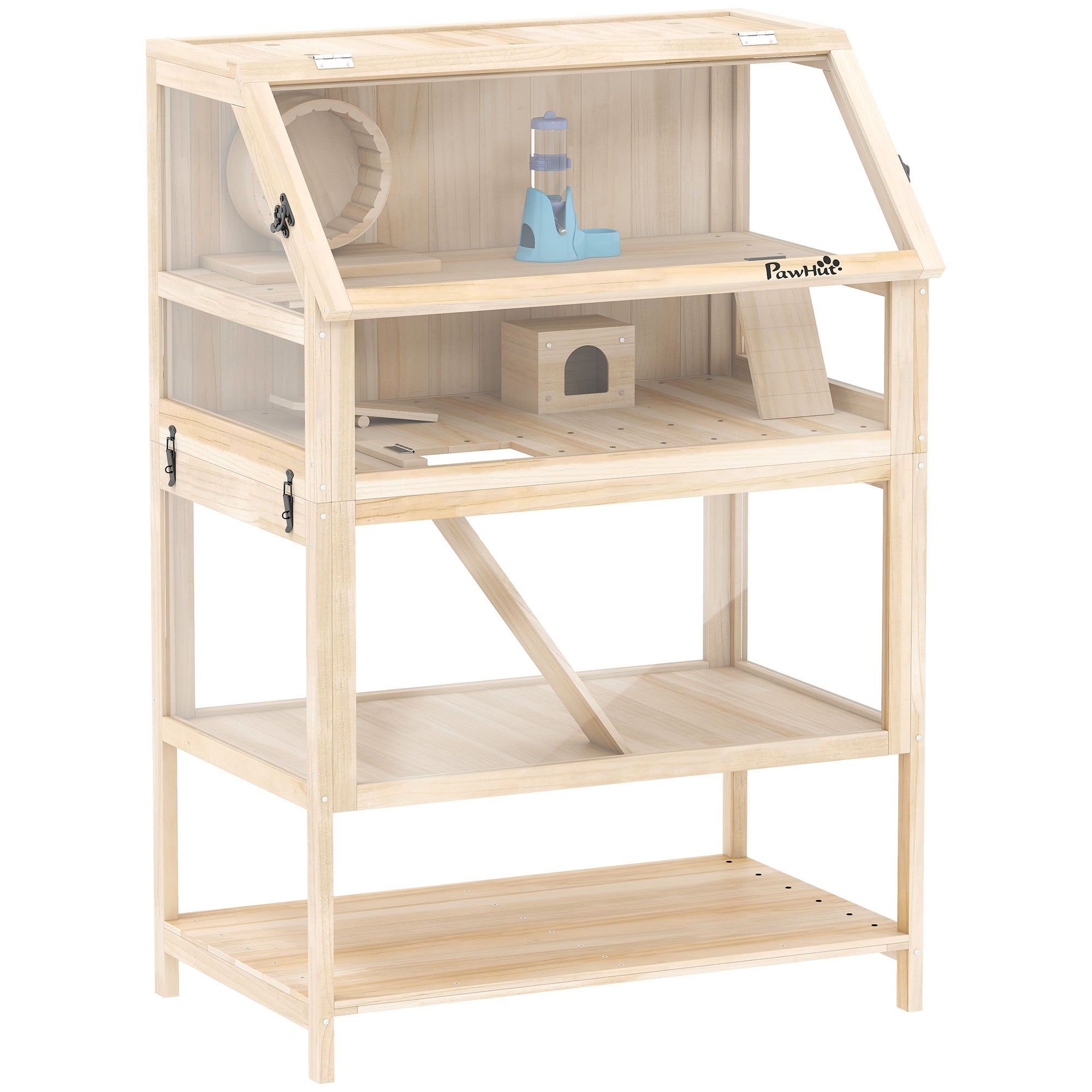 PawHut Wooden Hamster Cage with Detachable Lower Floor, Storage Shelf, Hut, Seesaw, Exercise Wheel, Ramps for Hamster 