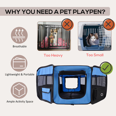 PawHut Portable Cat Dog Playpen Pet Puppy Rabbit Guinea Pig Pen Run Dia 90 x 41H cm Indoor & Outdoor Blue 