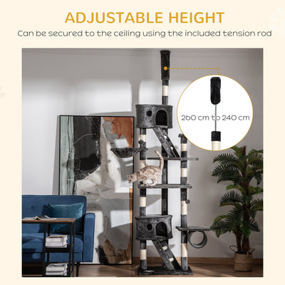 PawHut Floor-to-Ceiling Cat Tree for Indoor Cats, 240-260cm Adjustable Cat Tree - Dark Grey 