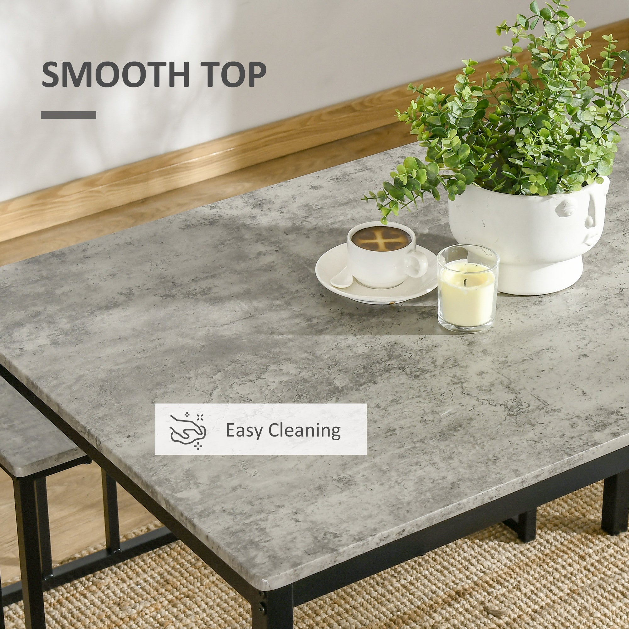 HOMCOM Dining Table and Chairs Set for 4 People, Concrete Effect Kitchen Table and Bench Set with Steel Frame, 4 Piece Dining Room Sets, Grey 