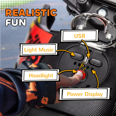 AIYAPLAY 12V Aprilia Licenced Kids Motorbike with Training Wheels, Spring Suspension, LED Light, USB, Music, Yellow 