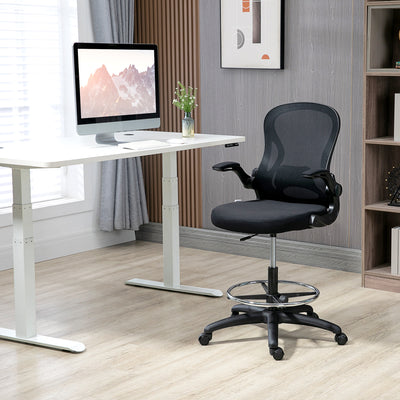 Vinsetto Adjustable Mesh Standing Desk Chair with Flip-up Armrests Lumbar Support Armrests Adjustable Footrest Ring Black 