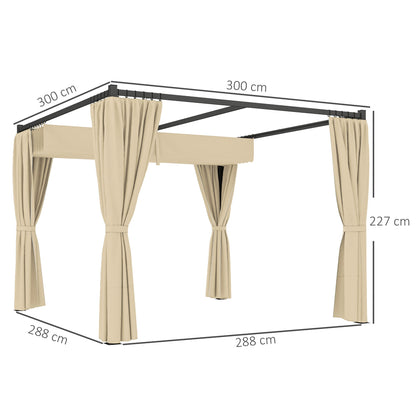 Outsunny 3 x 3m Retractable Roof Pergola, with Curtains - Khaki 