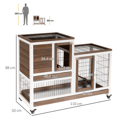 PawHut Two-Tier Rabbit Hutch Pet Cage, with Wheels - Brown 
