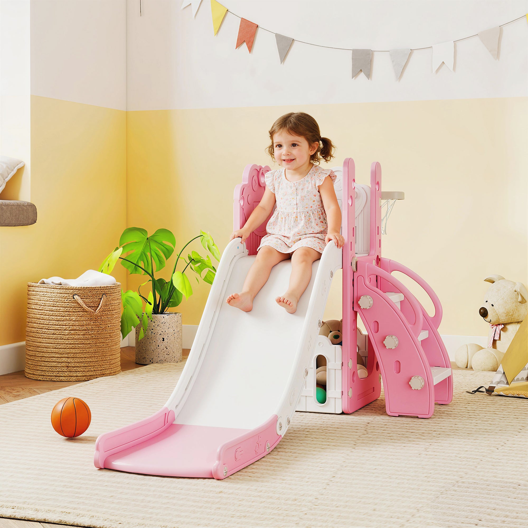 AIYAPLAY 5 in 1 Kids Slide Set with Basketball Hoop, Climbing Frame, Telescope, Storage Box for Toddlers Ages 1-3, Pink 