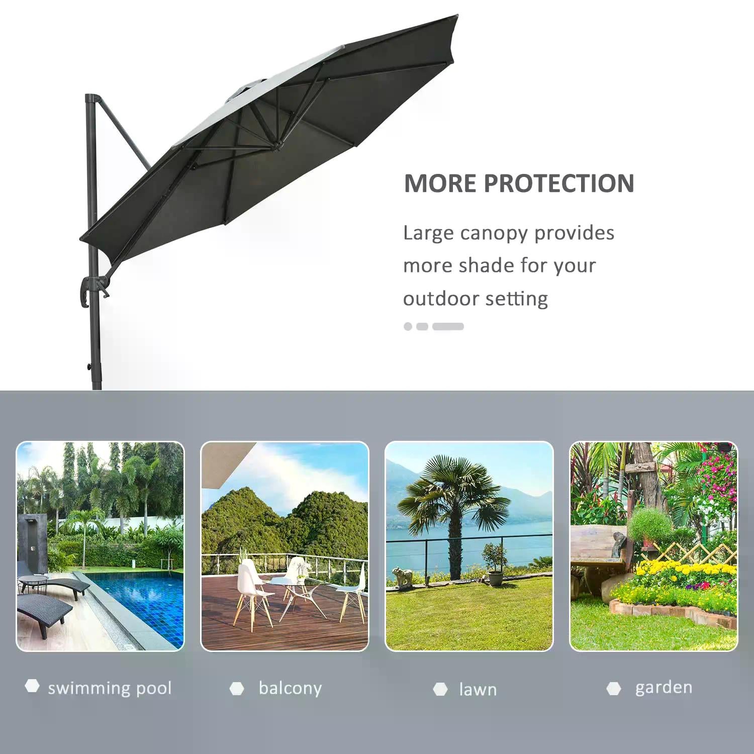 Outsunny 3(m) Offset Parasol Cantilever Hanging Umbrella 360° Rotation w/ Base Dark Grey 