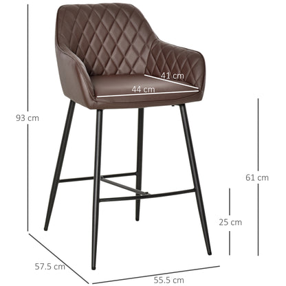 HOMCOM Set of 2 Bar stools Retro PU Leather Bar Chairs w/ Footrest Metal Frame Comfort Support Stylish Dining Seating Home Brown 