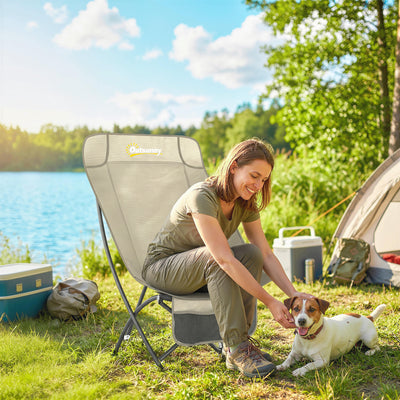 Outsunny Camping Chair for Adults Heavy Duty Folding Camp Chair with Side Pocket and Carry Bag Khaki 