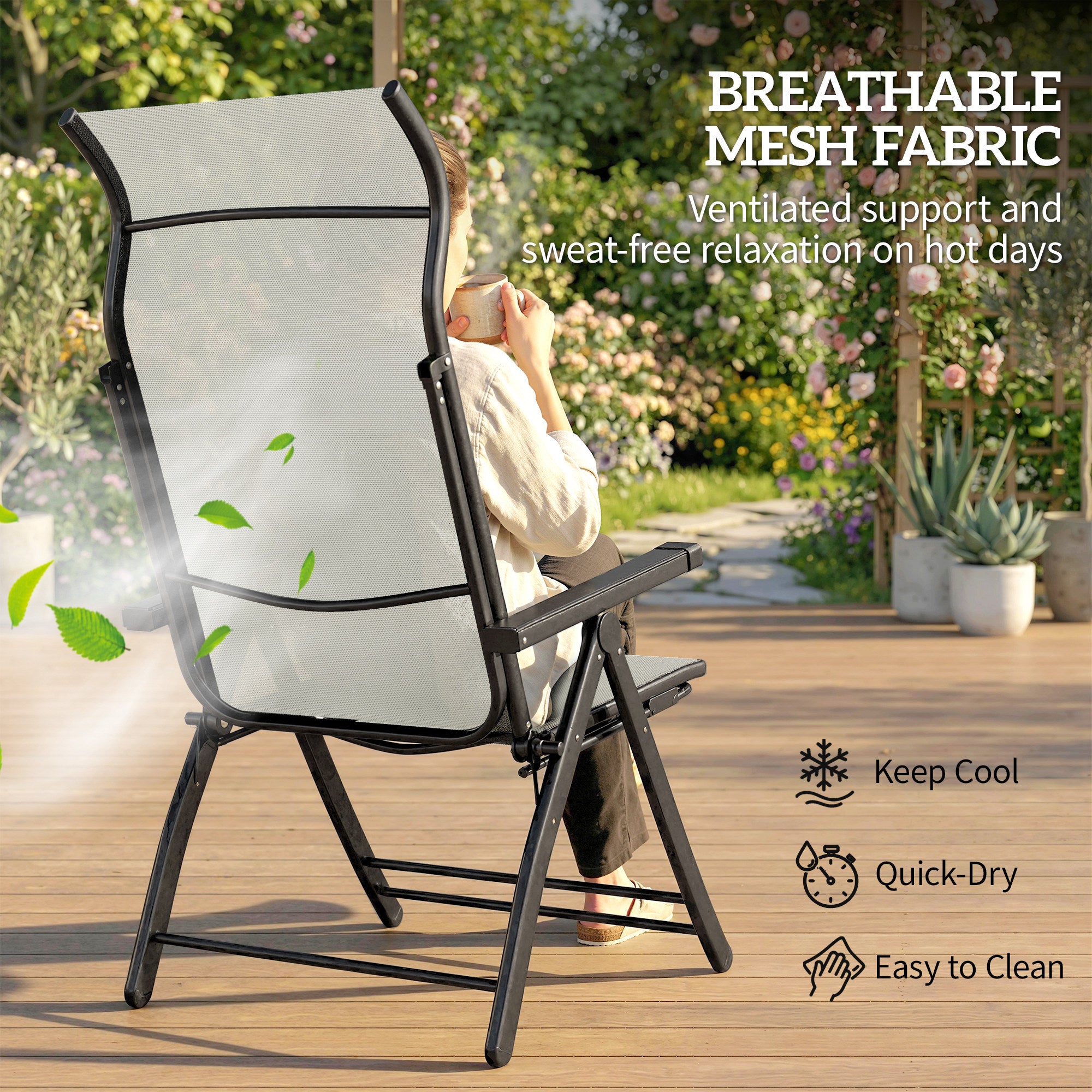 Outsunny Reclining Garden Chairs Set of 2, 5-Position Folding Sun Loungers with High Back, Retractable Footrest, Light Grey 