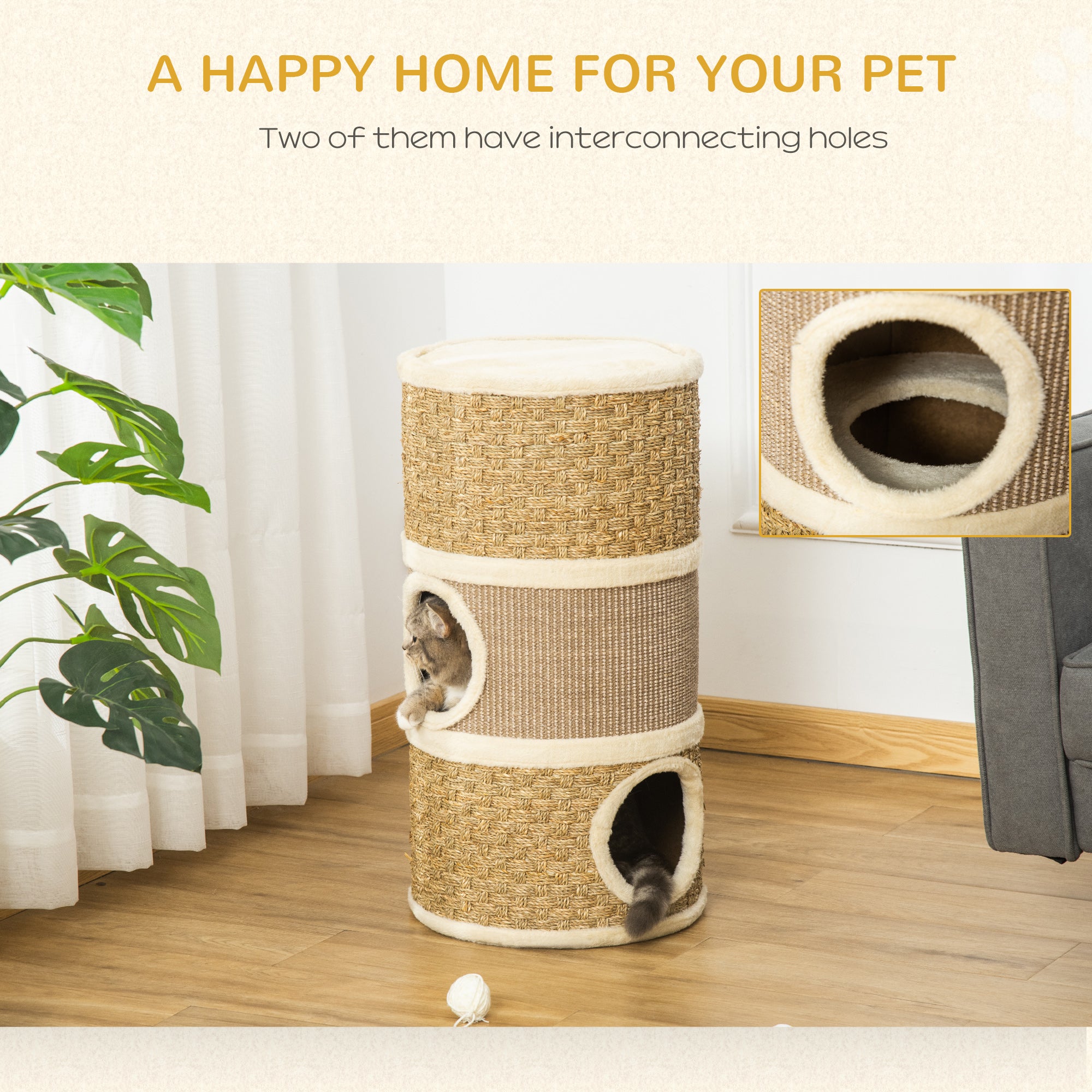 PawHut Cat Scratching Barrel Kitten Tree Tower for Indoor Cats Pet Furniture Climbing Frame Covered with Sisal and Seaweed Rope Cozy Platform Soft Plush 