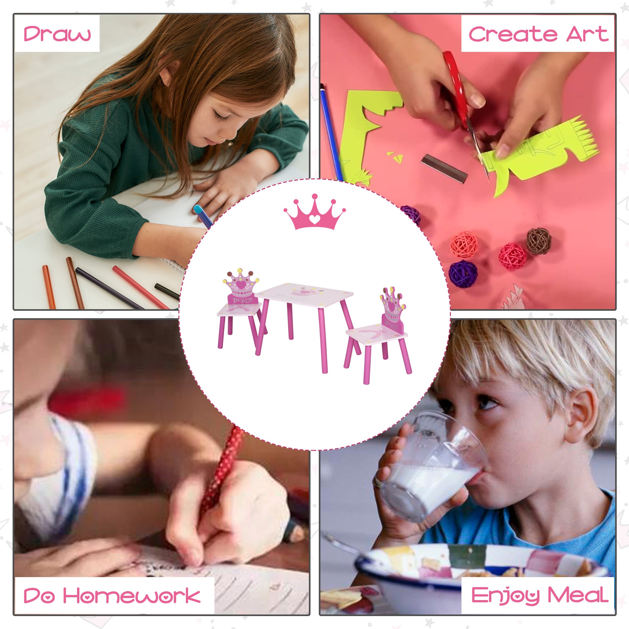 HOMCOM 3 Pcs Kids and Table Chair Set Princess & Crown Theme Home Furniture Pretty Gift 2-4 Years Pink 