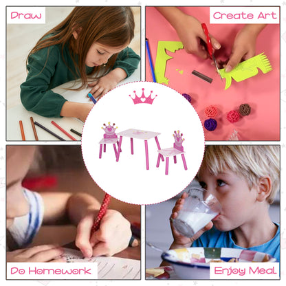 HOMCOM 3 Pcs Kids and Table Chair Set Princess & Crown Theme Home Furniture Pretty Gift 2-4 Years Pink 