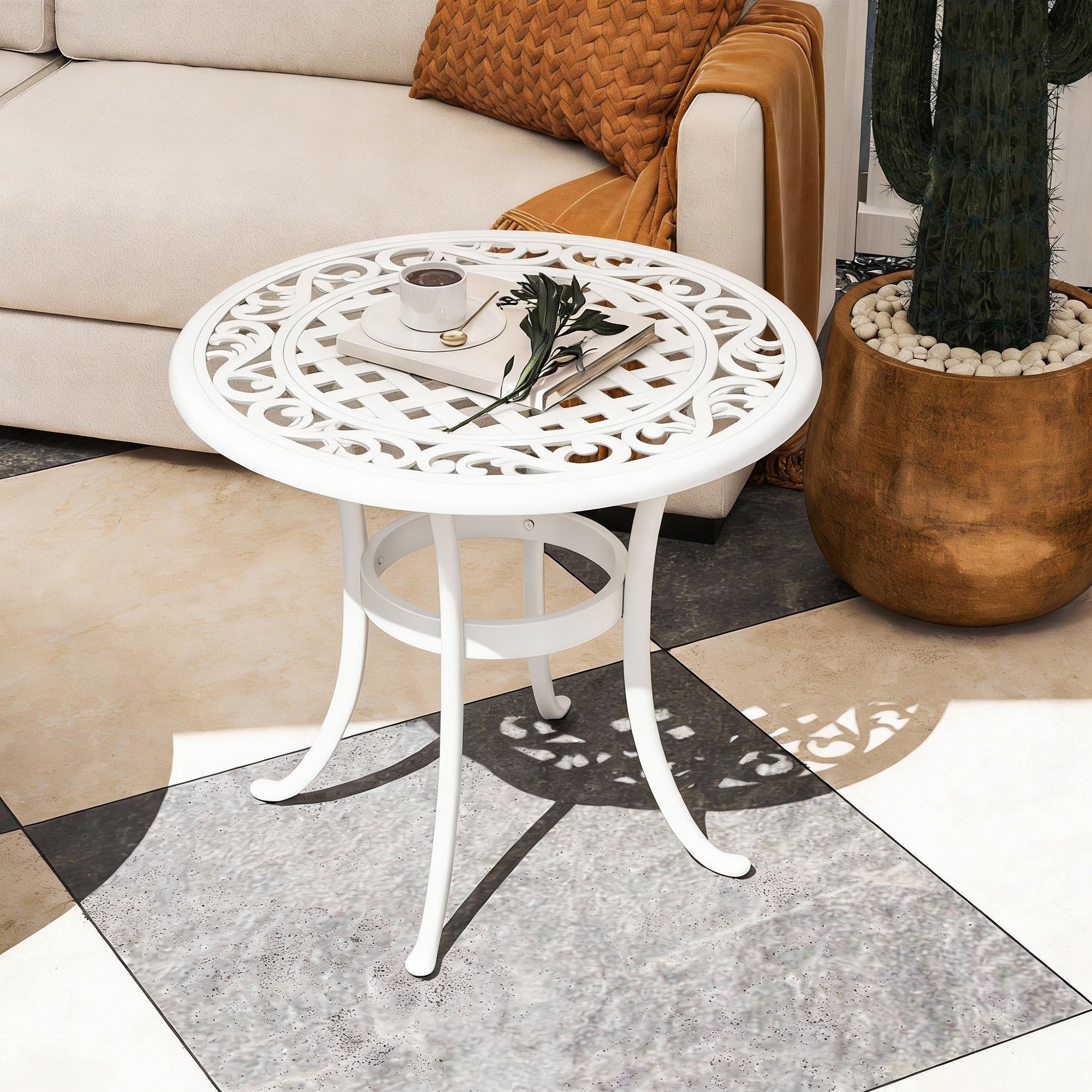 Outsunny 60 cm Round Garden Table, Cast Aluminium Outdoor Patio Table, White 