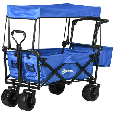 Outsunny Folding Trolley Cart Storage Wagon Beach Trailer 4 Wheels with Handle Overhead Canopy Cart Push Pull for Camping, Blue 