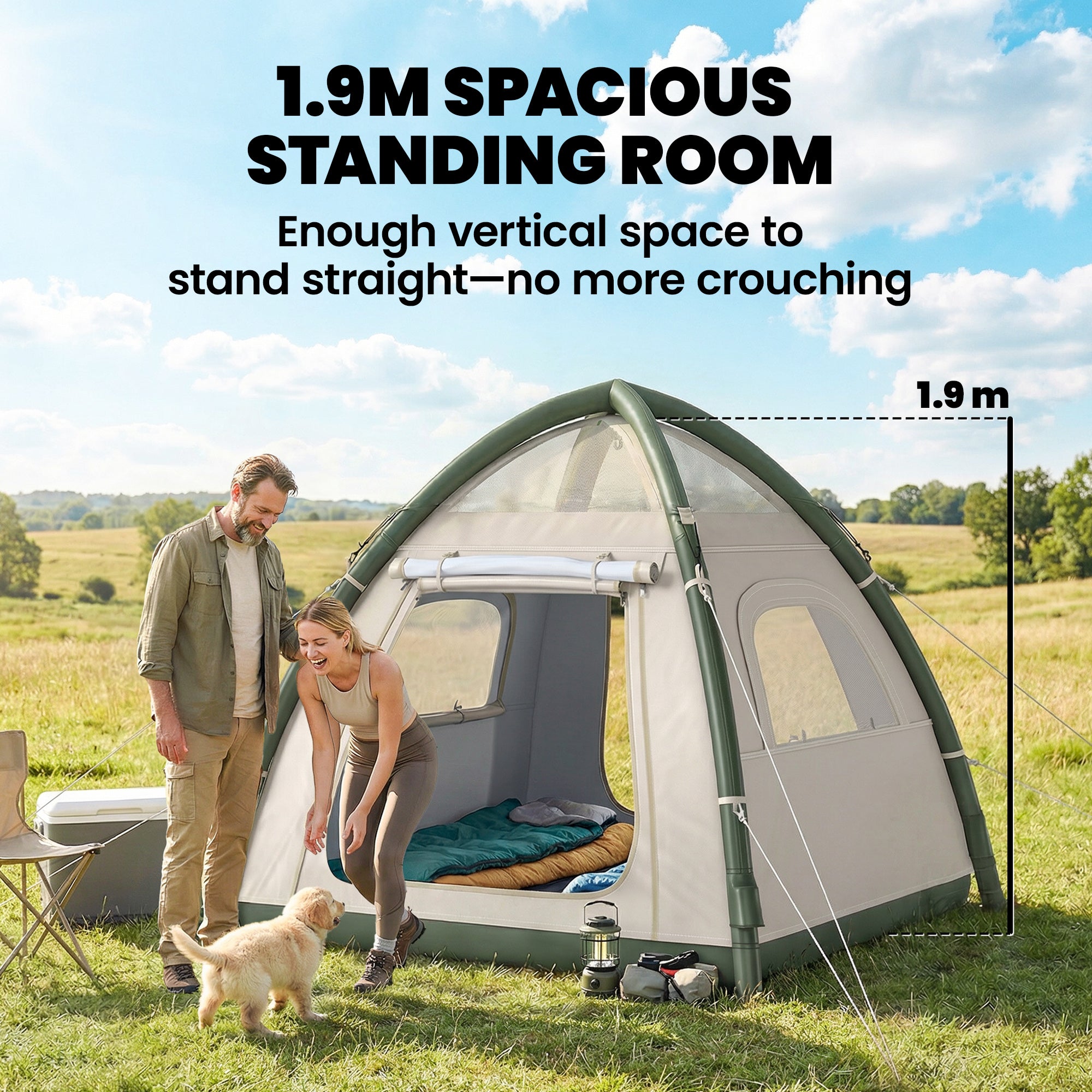 Outsunny Inflatable Camping Tent with Rainfly, 3 Man Air Tent 3000mm Waterproof Blow Up Tents, Beige 