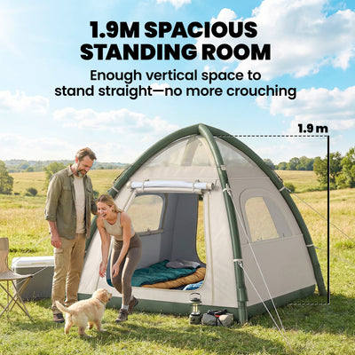 Outsunny Inflatable Camping Tent with Rainfly, 3 Man Air Tent 3000mm Waterproof Blow Up Tents, Beige 