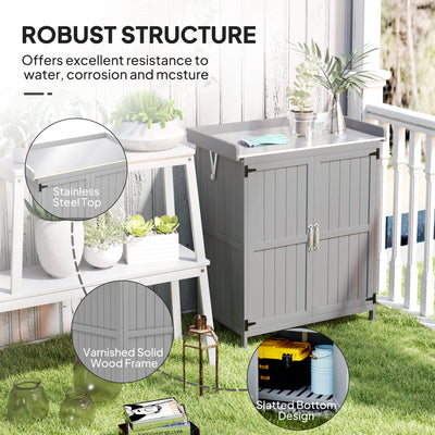 Outsunny Wooden Garden Shed, Garden Tool Storage Shed with Hinged Roof and Shelf, Outdoor Storage Cabinet with Double Doors, Grey 