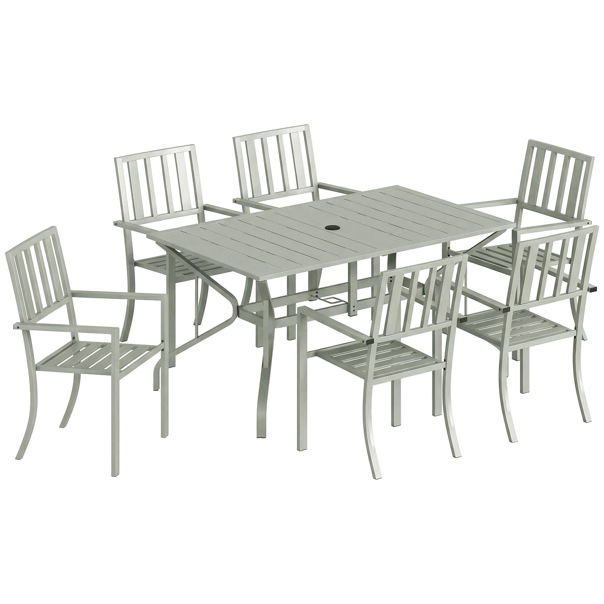 Outsunny 7 Pieces Garden Table and Chairs, 6 Seater Outdoor Table and Chairs with Umbrella Hole, for Garden, Light Grey 