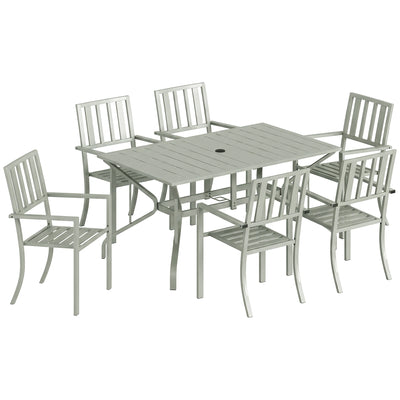 Outsunny 7 Pieces Garden Table and Chairs, 6 Seater Outdoor Table and Chairs with Umbrella Hole, for Garden, Light Grey 