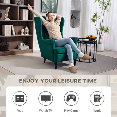 HOMCOM Modern Accent Chair, Upholstered Wingback Armchair with High Backrest and Pillow, Velvet-Feel Fabric Reading Chair with Solid Wood Legs for Living Room, Bedroom, Home Office, Dark Green 