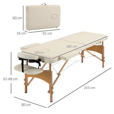 HOMCOM Portable Massage Bed, Folding Spa Beauty Massage Table with 2 Sections, Carry Bag and Wooden Frame, Cream 