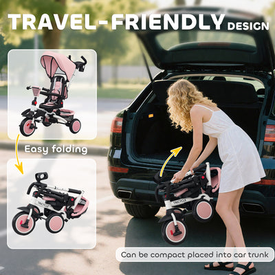 AIYAPLAY 6 in 1 Foldable Kids Trike with Adjustable Parent Handle & Canopy for Ages 1-5, Pink 