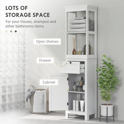 HOMCOM Tall Bathroom Cabinet, Slim Bathroom Storage Cabinet with 2 Open Shelves, Soft Close Door and Drawer, Adjustable Shelf, Narrow Cupboard Storage Unit, White 
