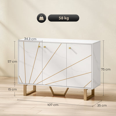 HOMCOM Sideboard Storage Cabinet, Modern Storage Cupboard with Adjustable Shelves and Metal Legs for Living Room, Kitchen, Dining Room, Entryway, White Marble Tone 