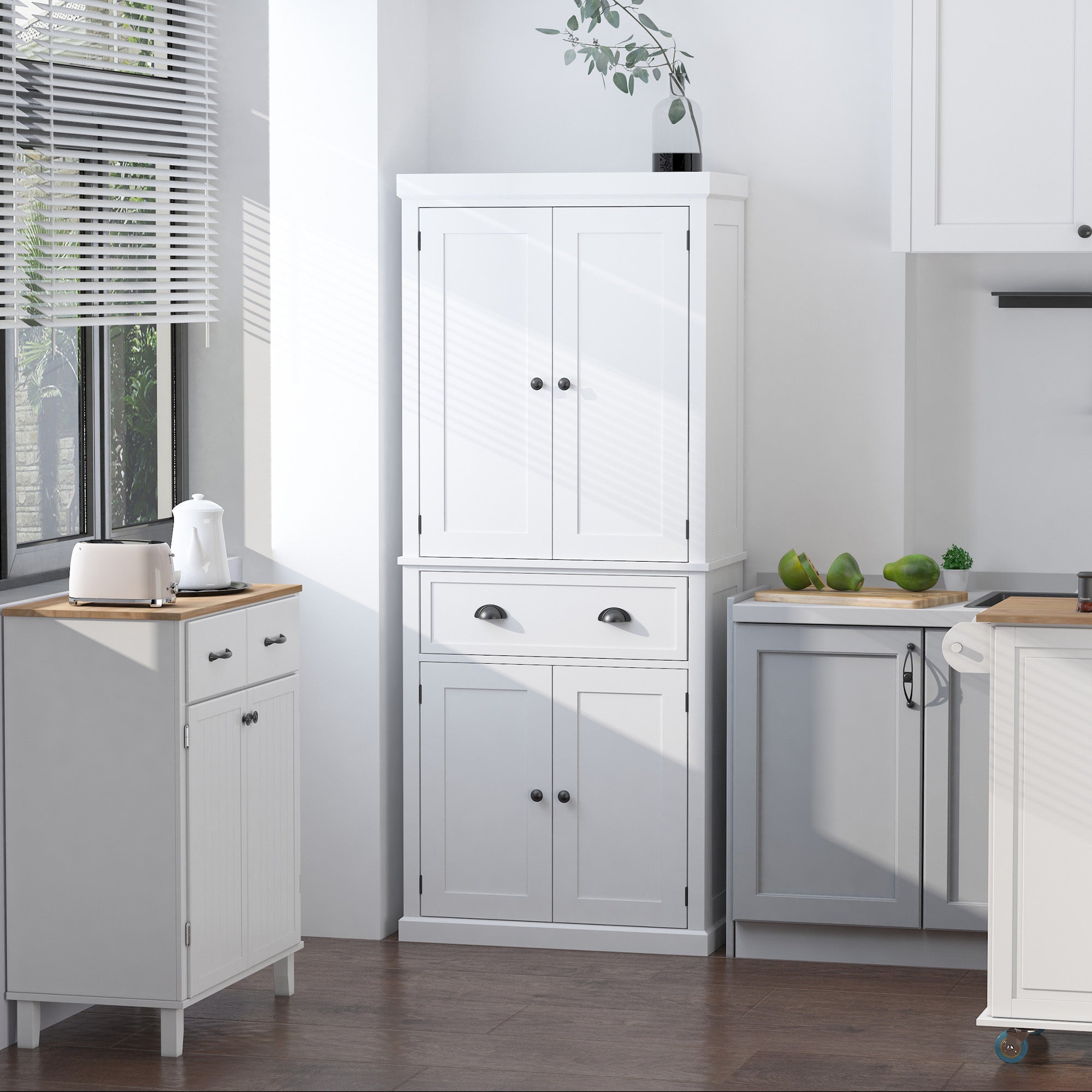 HOMCOM Freestanding Kitchen Cupboard, 184cm Tall Storage Cabinet with Doors and Shelves, Traditional Colonial 4-Door Kitchen Pantry Cupboard with Drawer, White 