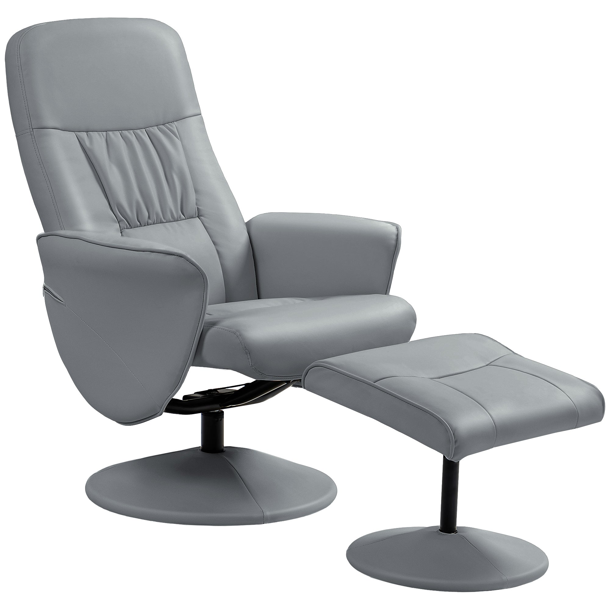HOMCOM Swivel Recliner Chair with Footstool, PU Leather Armchair and Ottoman with High Back and Round Base for Living Room, Light Grey 