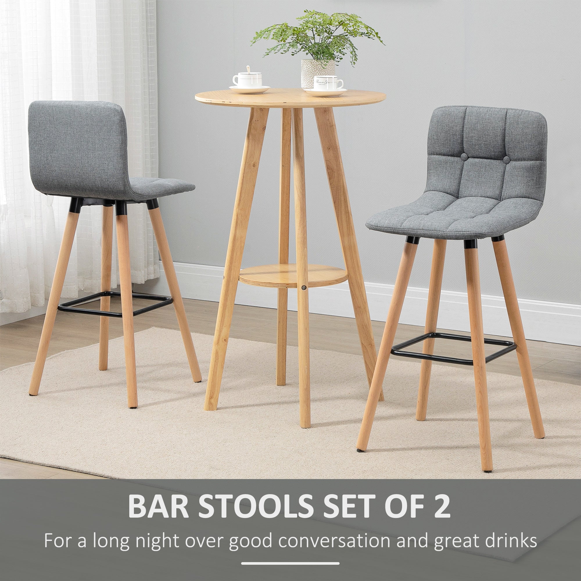 HOMCOM Bar stool Set of 2 Armless Button-Tufted Counter Height Bar Chairs with Wood Legs & Footrest, Grey 
