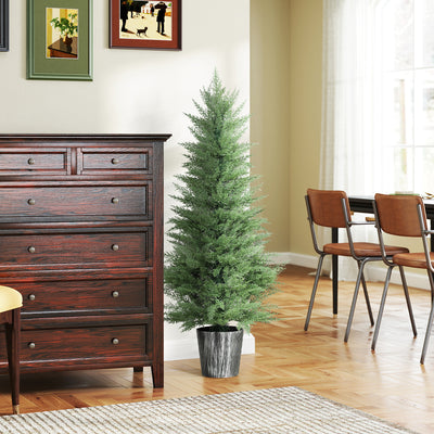 HOMCOM 135cm Artificial Cypress Trees Set of 2, UV Resistant Artificial Plants with Decorative Pot, Fake Plants for Indoor Outdoor Decor, Green 