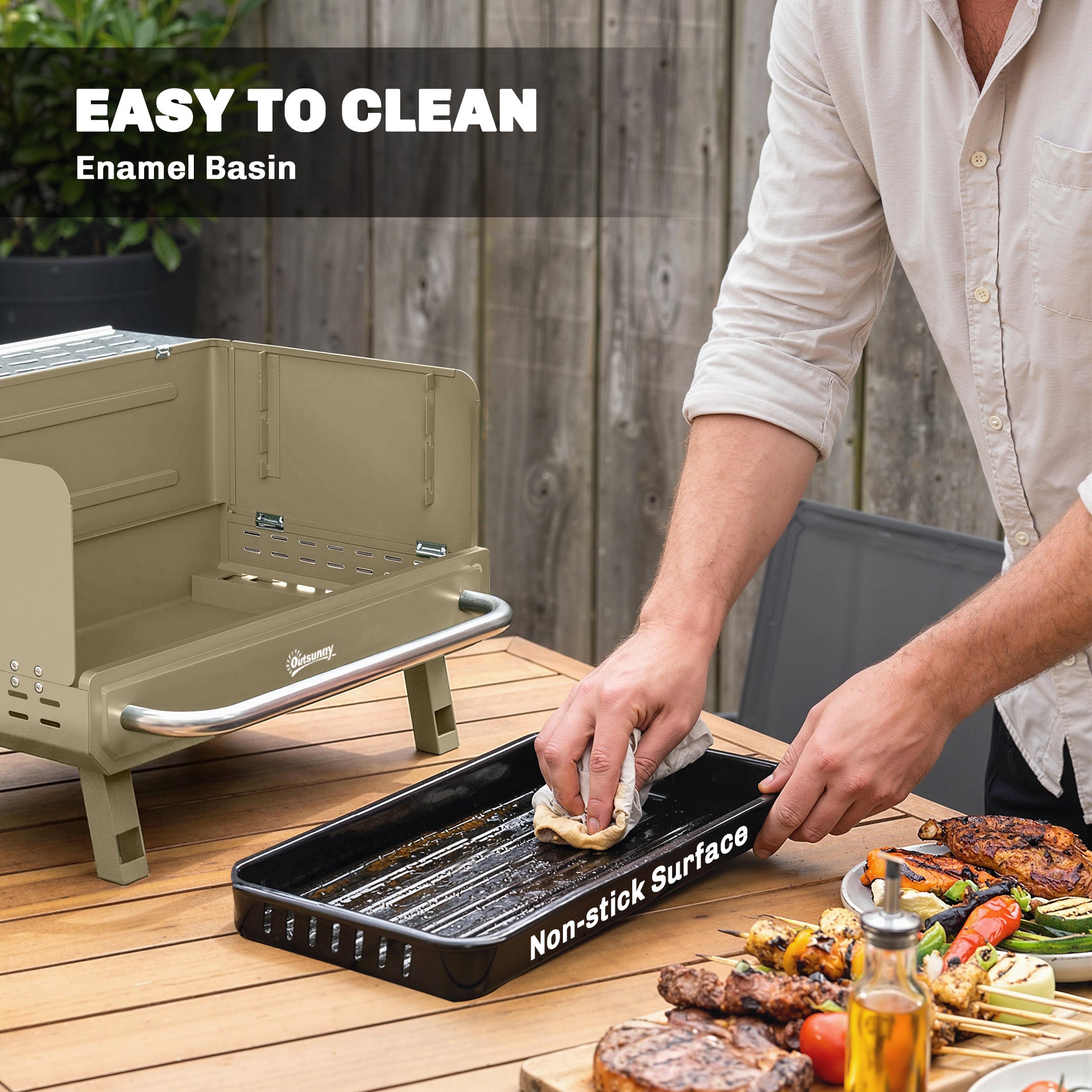 Outsunny Portable BBQ Grill, Charcoal Barbecue Grill with Adjustable Grates, Foldable Legs, Side Shelf for Camping Travel, Khaki 