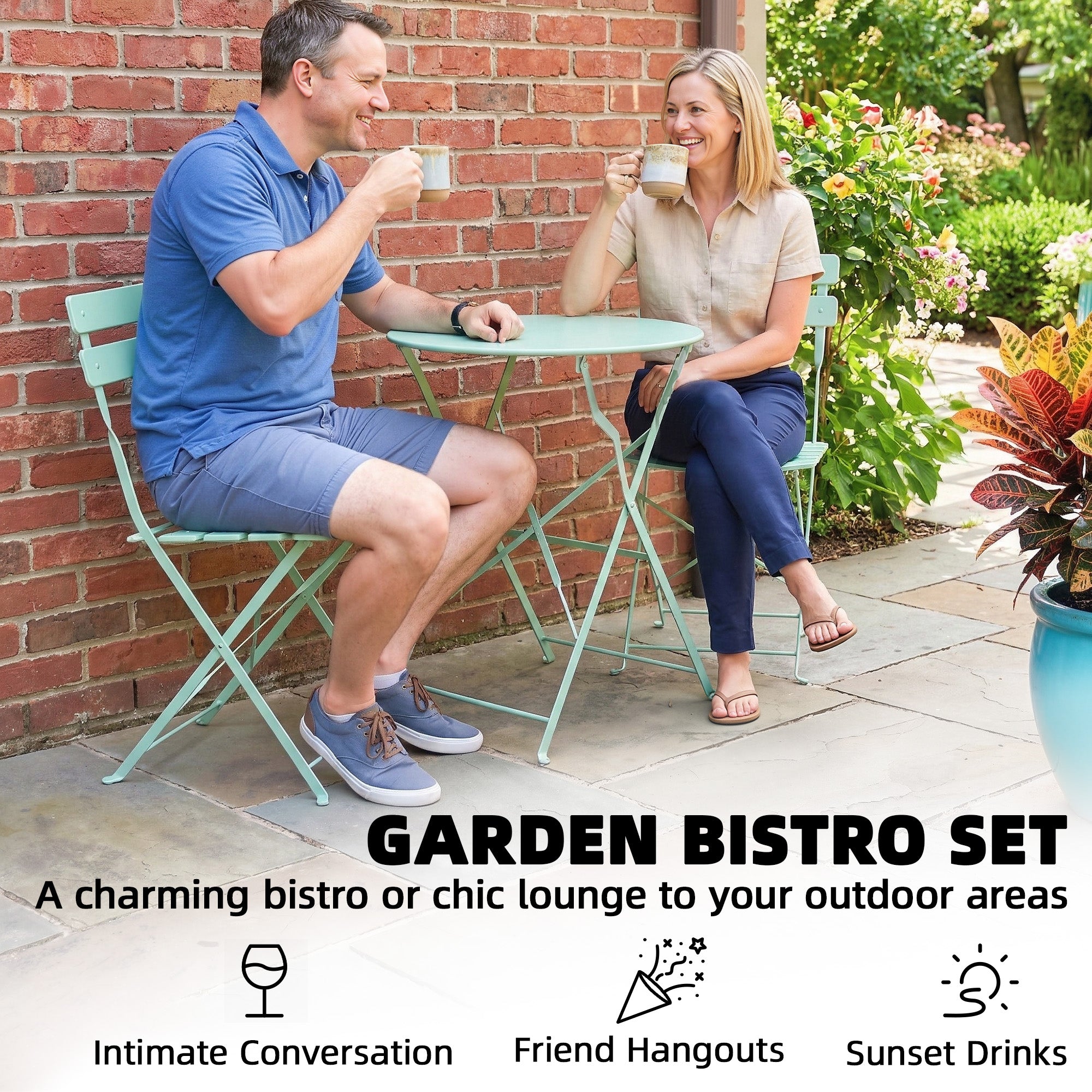 Outsunny Folding Garden Bistro Set, Outdoor Round Bistro Table and Chairs Set 2 with Electrophoresis Metal Frame, Light Green 