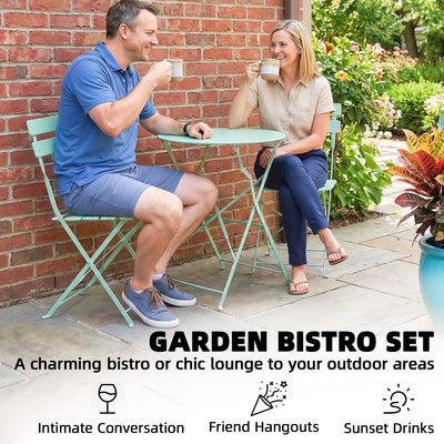 Outsunny Folding Garden Bistro Set, Outdoor Round Bistro Table and Chairs Set 2 with Electrophoresis Metal Frame, Light Green 