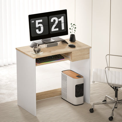 HOMCOM Compact Computer Desk with Keyboard Tray, Home Office Desk with Drawer for Bedroom Study, Oak Colour 