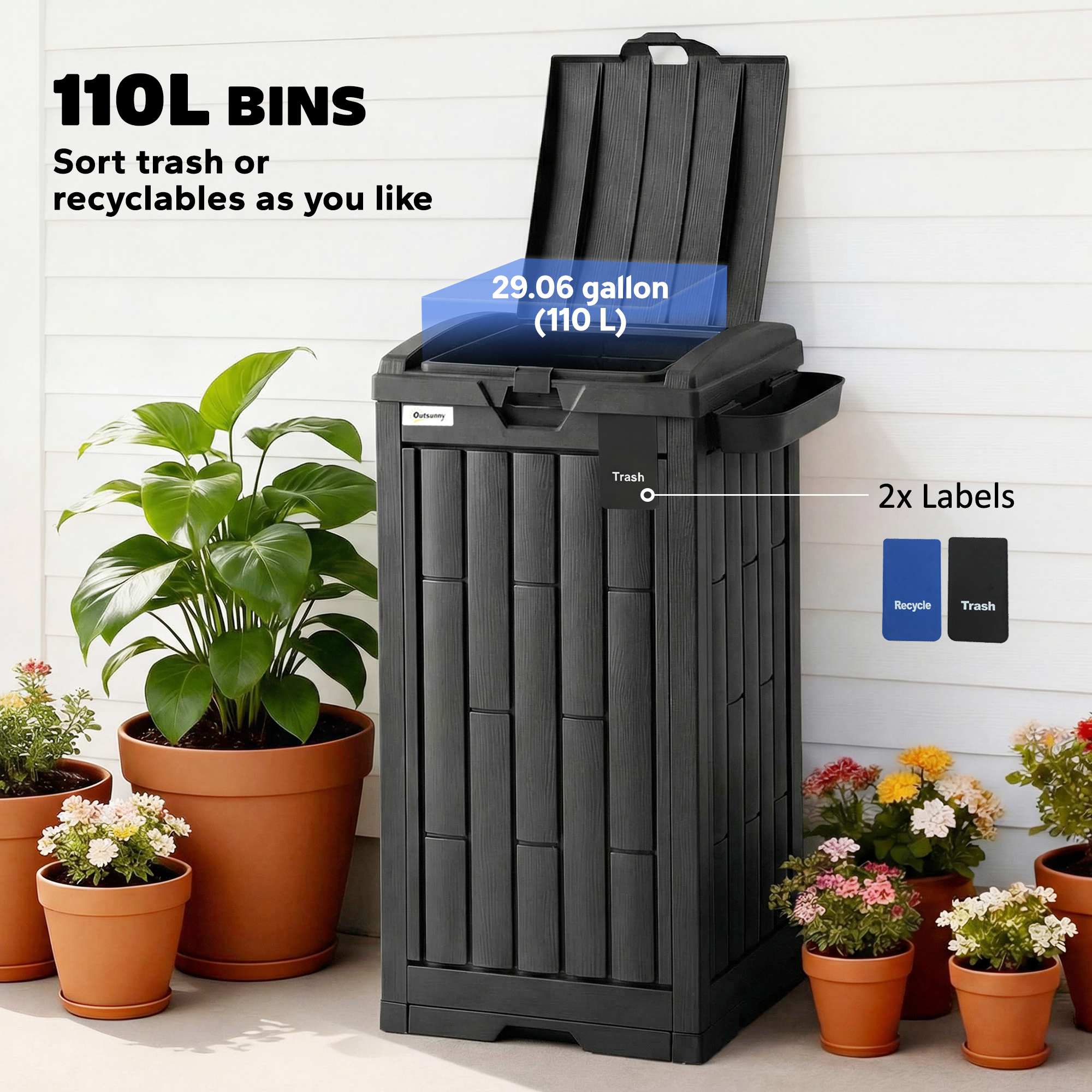 Outsunny 110 L Outdoor Bin with Dual Lid, Waterproof Plastic Trash Bin with Ashtray and Drip Tray, Garden Waste Trash Bin, Black 