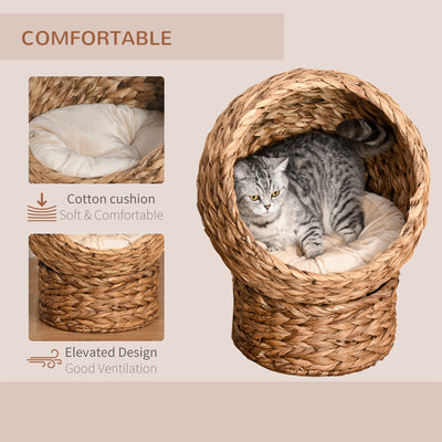 PawHut Wicker Cat Bed, Raised Rattan Cat Basket with Cylindrical Base, Soft Washable Cushion, 42 x 33 x 52cm - Brown 