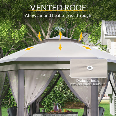 Outsunny 3 x 4m Garden Gazebo Hexagon Pop Up Party Tent Canopy Double Roof Instant Shelter with Netting and Carry Bag for Outdoor Patio, Beige 