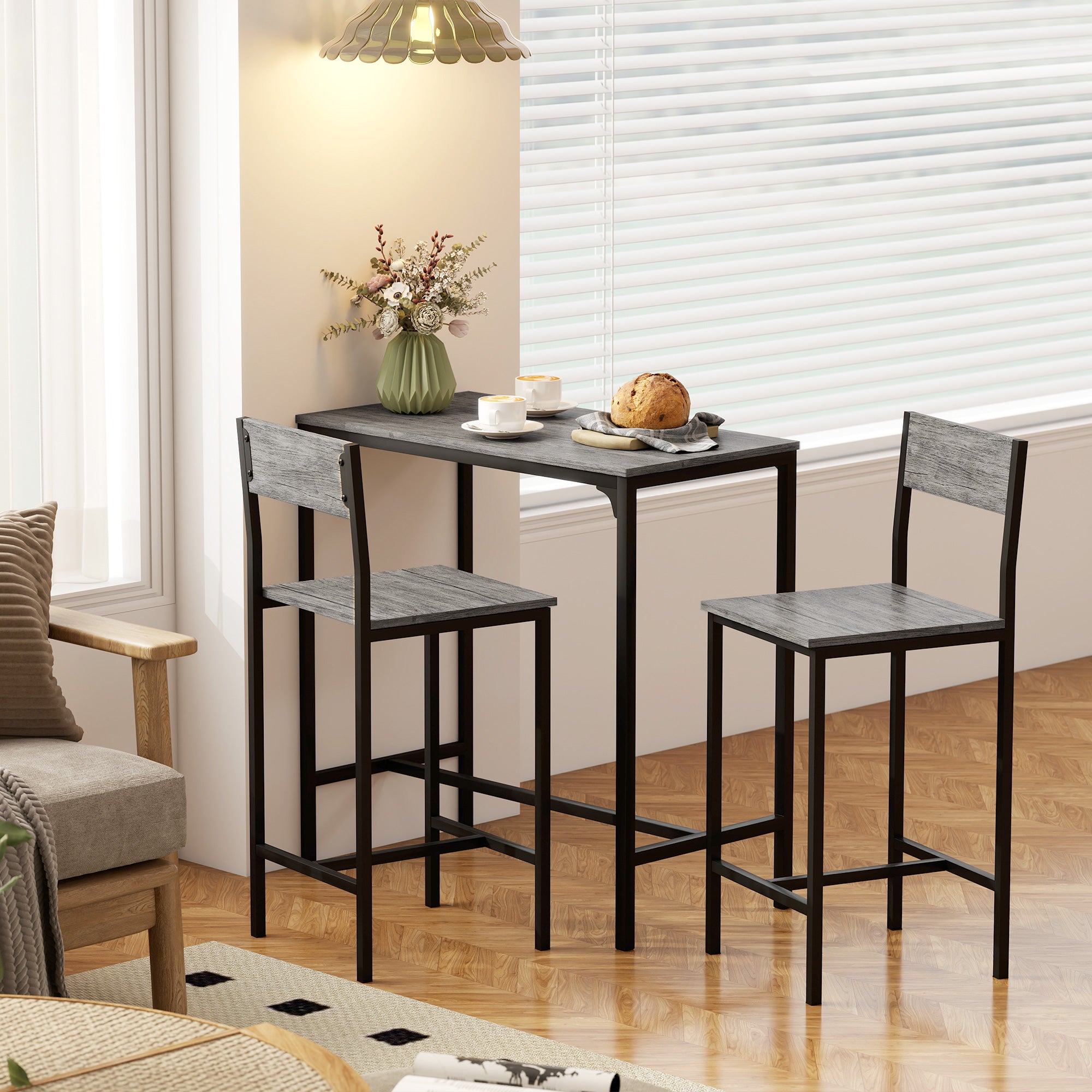 HOMCOM 3-Piece Bar Table Set with 2 Stools, Industrial Breakfast Bar Set with Footrest, Backrest for Dining Room, Small Space 