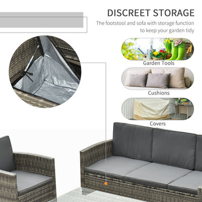 Outsunny Rattan Garden Furniture Outdoor Patio 5 Piece Wicker Weave Sofa Set with Storage,  Cushioned, 3-Seater Sofa + 2 Single Chairs + Foot Stool + Coffee Table 