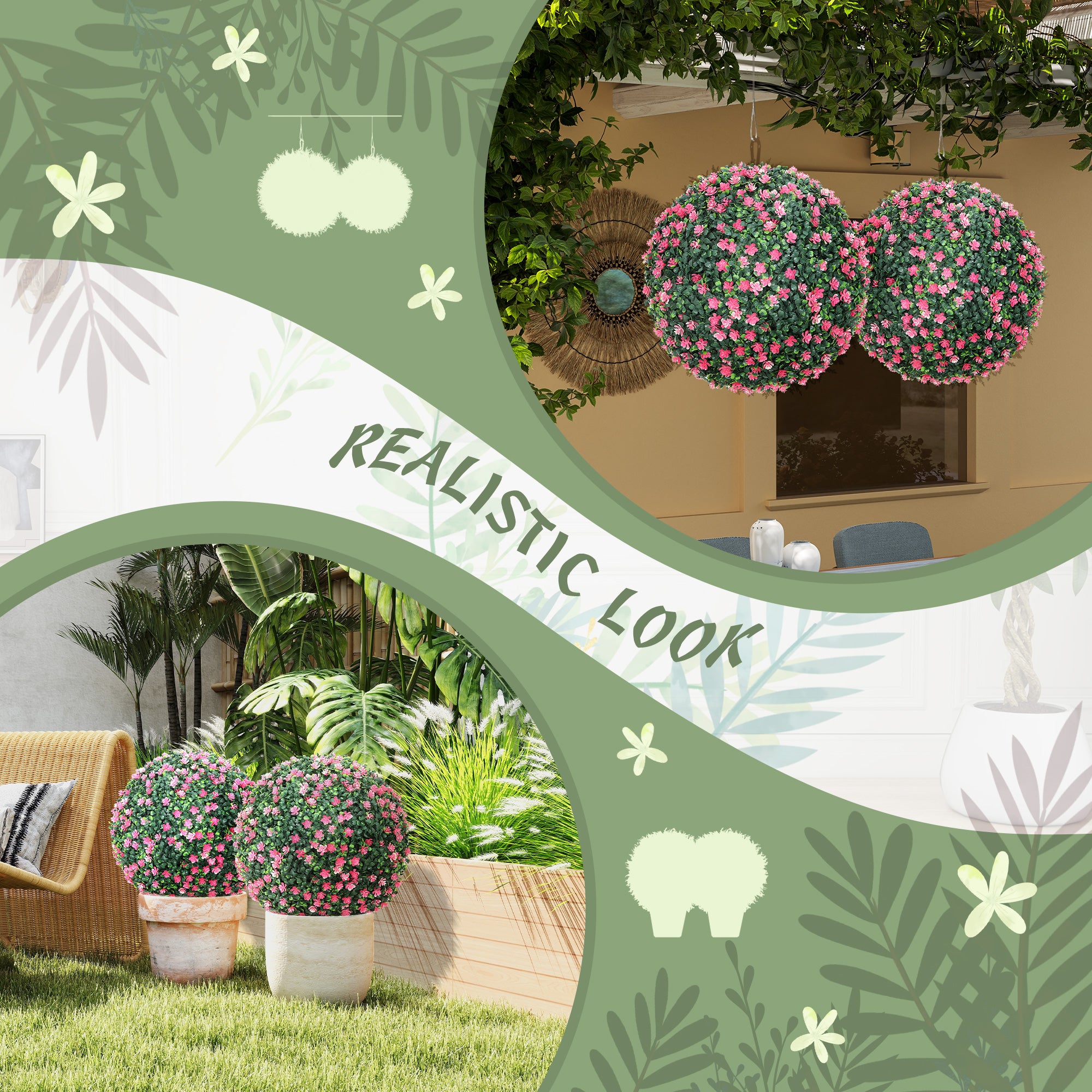 HOMCOM Set of Two Artificial Boxwood Balls Plants - Pink 