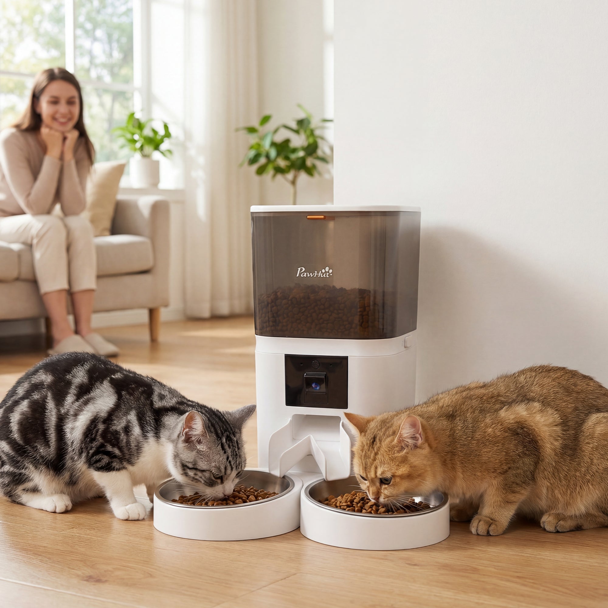 PawHut Automatic Cat Feeder for 2 Cats with HD Camera，2.4G & 5G WiFi Pet Food Dispenser 6L APP Control 