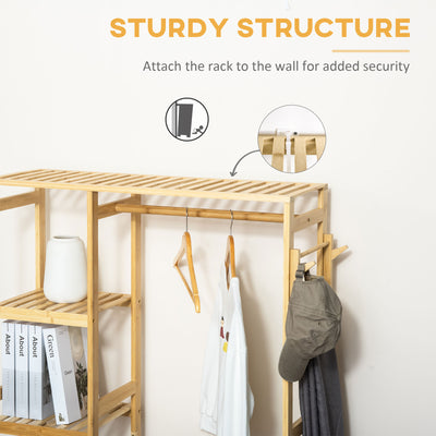 HOMCOM Bamboo Garment Rack, Clothes Rack with Storage Shelf, Hanging Rail and Side Hooks for Entryway, Bedroom, Bathroom and Office, Natural 