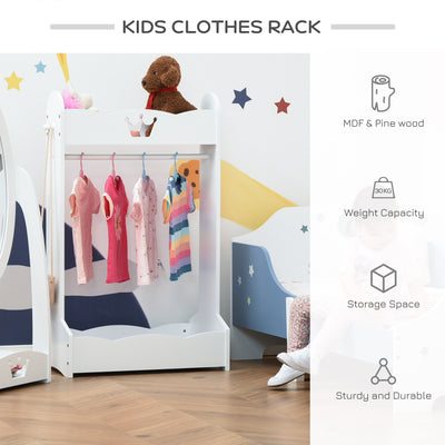 HOMCOM Kids Clothes Rail Wooden Hanging Rack with Storage Shelves Children Garment Freestanding Wardrobe for 3-8 Years Toddler, White 