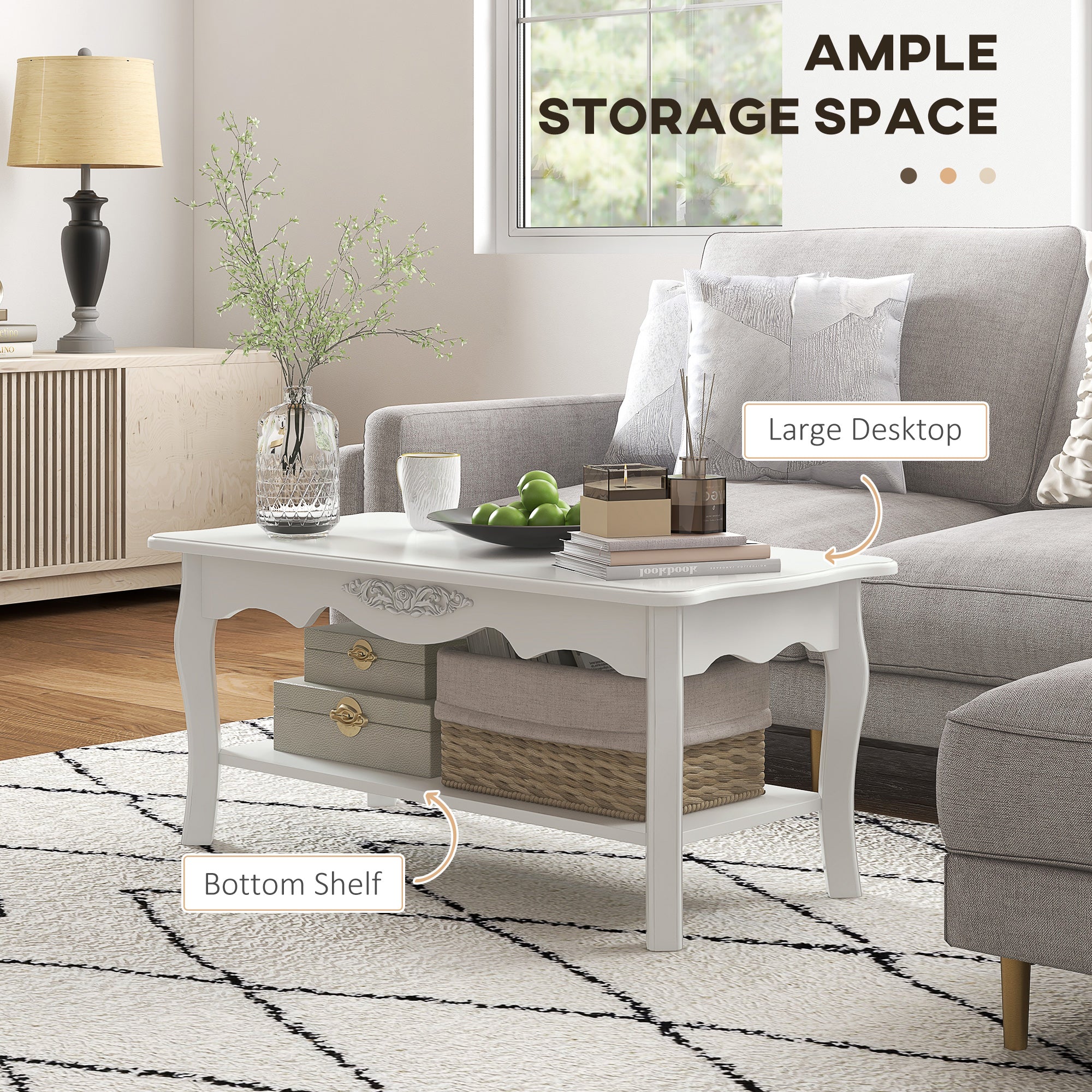 HOMCOM White Coffee Table Wood Cocktail Tea Centre Table with Storage Shelf for Living Room Reception Room, 94L x 44W x 42H cm 