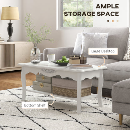 HOMCOM White Coffee Table Wood Cocktail Tea Centre Table with Storage Shelf for Living Room Reception Room, 94L x 44W x 42H cm 