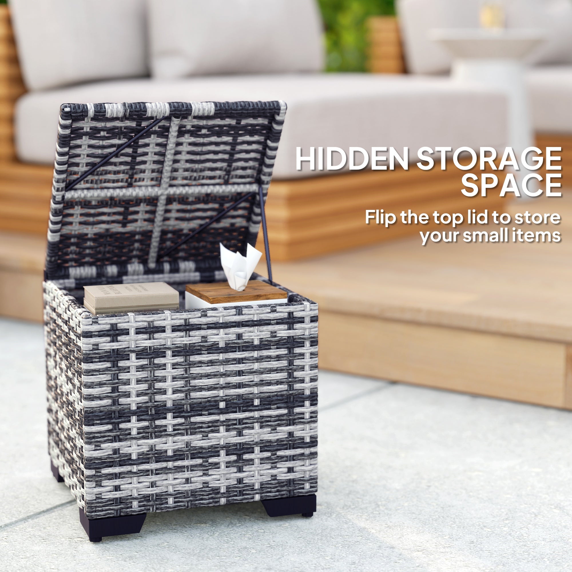 Outsunny Set of 2 Rattan Storage Ottoman, Outdoor Footstool with Removable Cushions, Garden Storage Seat for Balcony, Poolside, Living Room, Dark Grey 