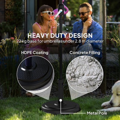 Outsunny 22kg Garden Parasol Base, Round HDPE Sun Umbrella Base, Heavy Duty Outdoor Umbrella Stand for 38mm or 48mm Outdoor Umbrella Poles, Black 