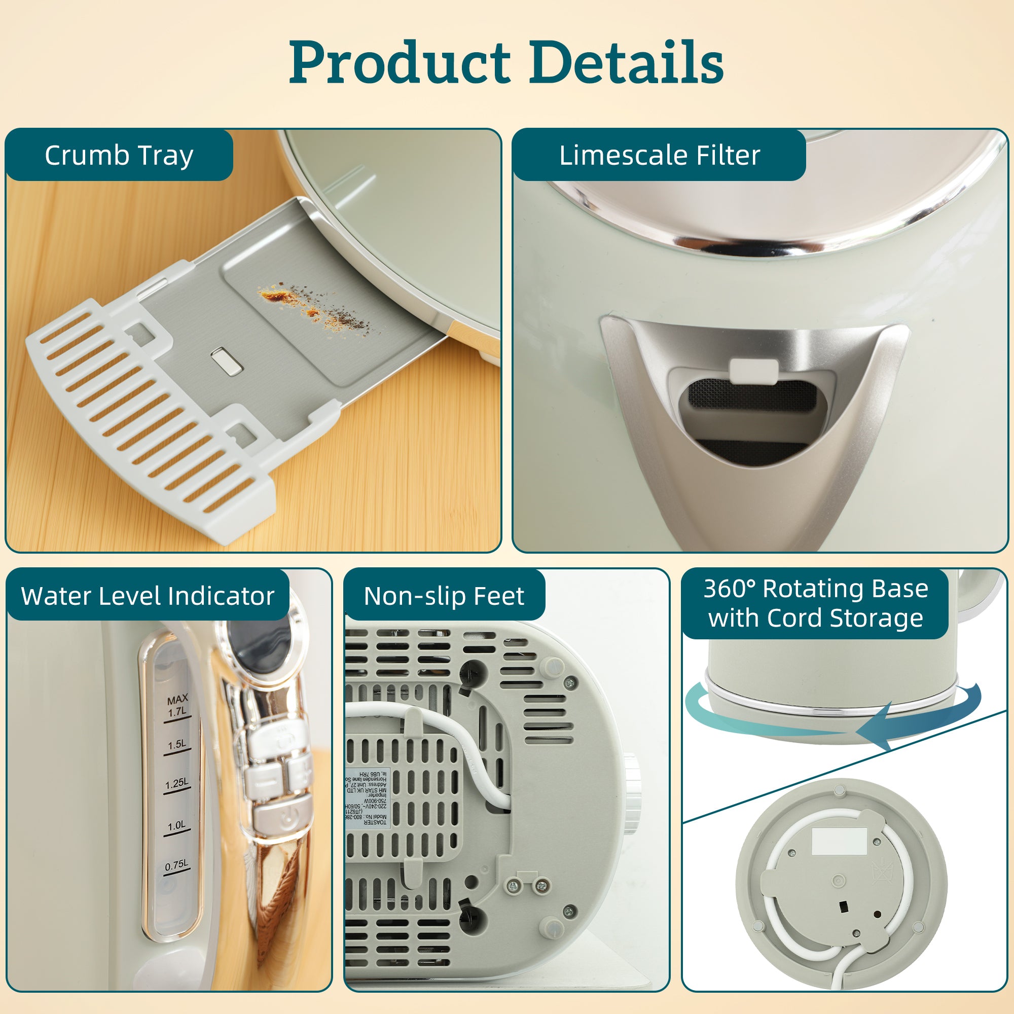 HOMCOM Polished Retro 40-100°C Kettle and Toaster Set - Grey 